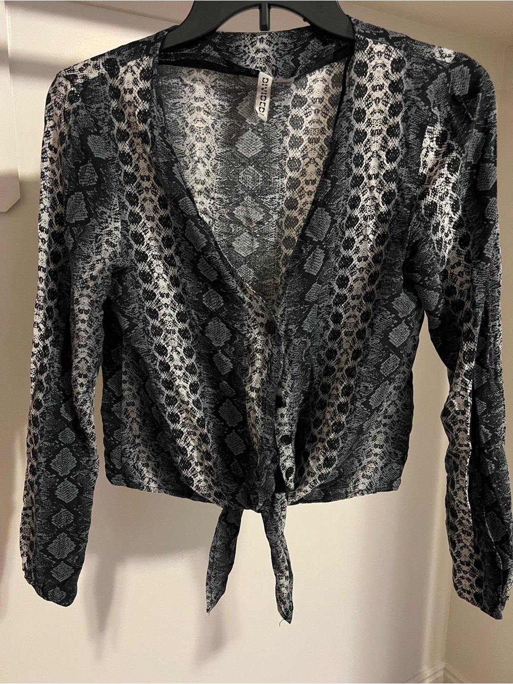 Divided Black & Gray Snake-Print Tie-Front Blouse